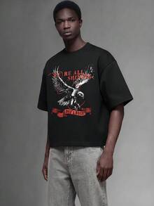 Salvezio American Vintage Western Raptor Falcon Fashion Print Men's Black Standard Size Cropped Loose Fit Short Sleeve T-Shirt - Black - View 3