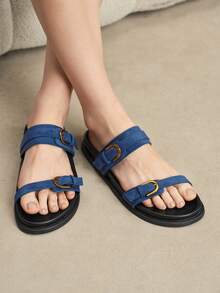 Solecia Women's New Flat Sandals, Slip-On Sandals, Comfortable And Casual. - Blue - View 3