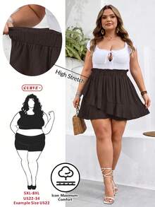 SHEIN CURVE+ Curve Size US22Music Festival, Seaside Vacation, Bohemia Women Solid Color Ruffle Hem Loose Shorts - Brown - View 1