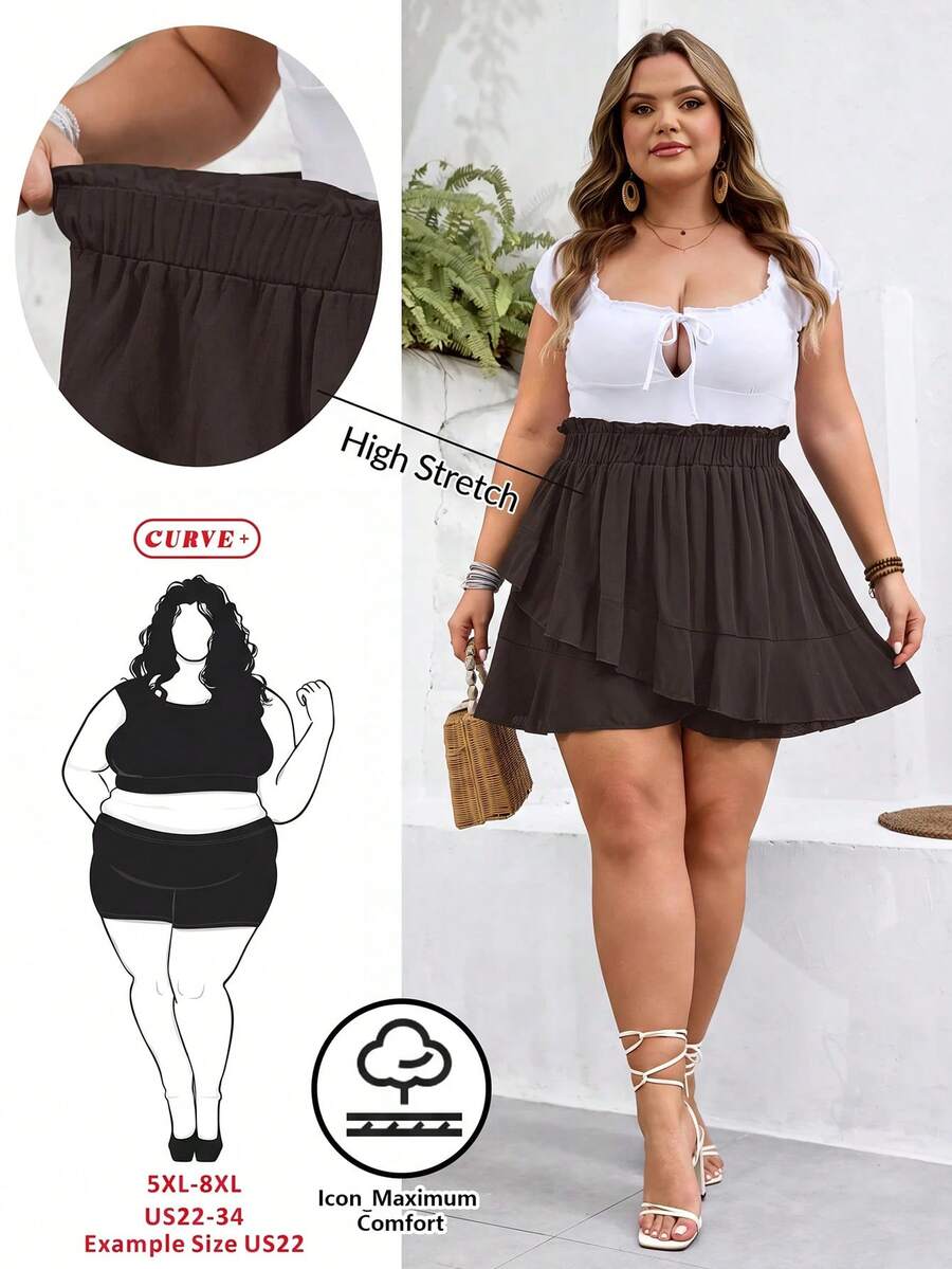 SHEIN CURVE+ Curve Size US22Music Festival, Seaside Vacation, Bohemia Women Solid Color Ruffle Hem Loose Shorts - Brown - View 1