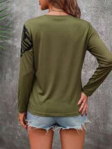 SHEIN Clasi Kaos Wanita Fashion Warna Hijau Army Motif Kupu-kupu Leher Bulat Lengan Panjang Rajut - Hijau Tentara - View 2