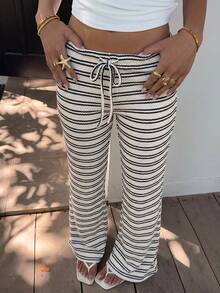 Comfortcana Women's Summer Knit Striped Long Pants - Black and White - View 3