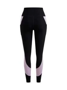 SHEIN Cheerettes 女款 3 件組拼色內衣、高腰緊身褲與圓領上衣休閒日常運動套裝，黑色與紫色，柔軟彈性、防透深蹲、側邊口袋壓力褲 - 彩色 - 查看 11