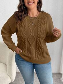 SHEIN Cottnline Plus Size Solid Color Crew Neck Sweater, Casual For Autumn/Winter Formal Vacation Brown - Brown - View 1