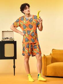 Notgurli Men's Orange Gorilla & Banana Print Milk Silk Crew Neck Short Sleeve 2 Pieces Set, Casual Daily Loungewear Outfit - Multicolor - View 4