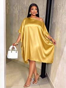 SOLERSUN Plus Size Solid Color Satin Asymmetrical Shoulder Loose Fit Dress For Dating And Vacation - Gold - View 3