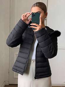 DAZY Women's Solid Color Plush Hooded Zip-Up Casual Daily Winter Padded Coat Fall Jacket - Black - View 3