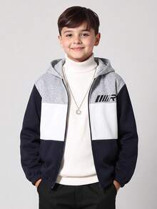 SHEIN Kids Tween Boy Casual College Patchwork Letter Pattern Hooded Jacket, Woven Thick Style, Suitable For School, Garden, Beach, Birthday, Spring, Summer, Autumn, Winter, Black, Brown - Grey - View 3