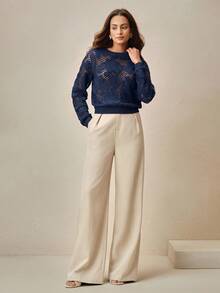 Anewsta Round Neck Short Crochet Asymmetrical Floral Pattern Fitted Cover Up - Royal Blue - View 4