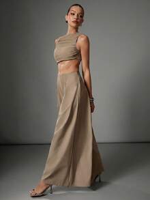 Hauture Sexy Casual Solid Boatneck Gathered Shirred Cut Out Waist Wide Leg Jumpsuit - Khaki - View 5