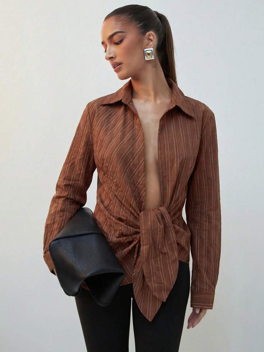 Hauture Women's Long Sleeve Stripe Textured Tie Front Shirt Old Money Sexy Office Night Out Date Night Style Casual Brown Stripe Fall - Brown - View 1