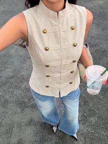 Siren Gaze Summer New Double-Breasted Stand Collar Sleeveless Shirt - Apricot - View 8