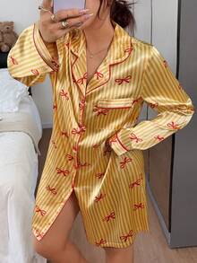 Dream Adore Gaun Tidur Wanita Lengan Panjang dengan Kerah Depan Terbuka dan Pita, Motif Garis-garis - Kuning - View 4