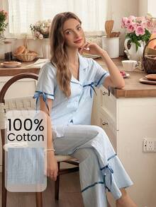 Snug Reverie Set Pakaian Santai Wanita 100% Katun Murni Warna Biru Lengan Pendek dan Celana Panjang dengan Bukaan Depan dan Pita, Desain Romantis dan Segar - Biru - View 4