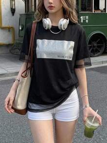 FRIFUL Women's Summer Solid Color Patchwork Sheer Mesh Loose Casual Versatile T-Shirt - Black - View 4