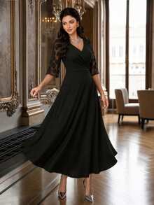 SHEIN Lady CURVE Plus Size Solid Color V-Neck Mesh Patchwork Elegant Dress Black Dress Formal Dress Elegant Dresses For Women Festival Outfits Summer - Black - View 9