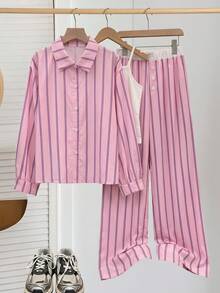 SHEIN 3件套 黃色長袖條紋數位印花襯衫、黑色長褲、細肩帶背心，適合春夏出遊、返校穿搭 - 粉色 - 查看 2