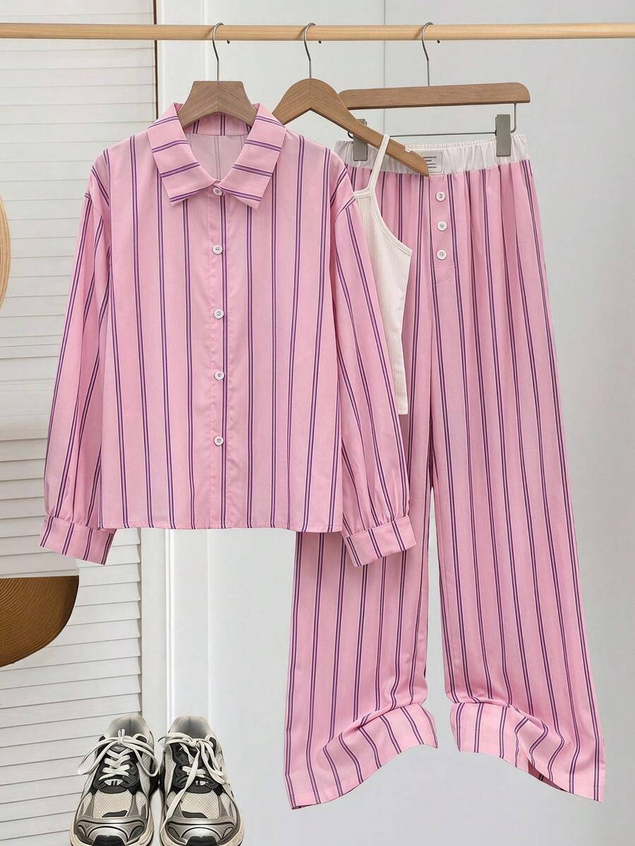 SHEIN 3件套 黃色長袖條紋數位印花襯衫、黑色長褲、細肩帶背心，適合春夏出遊、返校穿搭