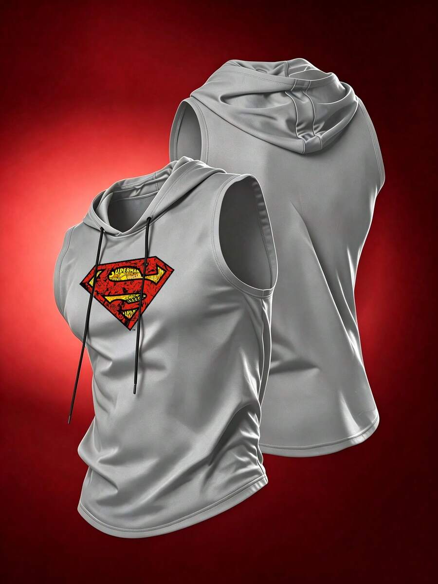 SUPERMAN X SHEIN Men's Letter Print Hooded Sports Tank Top - Light Grey - View 1