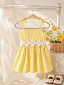 Souflis Souflis Baby Girls Cute Gingham Pinafore Dress With Applique Decor - Yellow - View 1