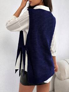 EURMUSE Round Neck Sleeveless Sweater With Pearls - Navy Blue - View 2