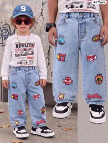 SHEIN Genkimix Kids 男童街頭風休閒拼色對比縫線寬鬆直筒百搭工裝牛仔長褲 - 淺色水洗藍 - 查看 3