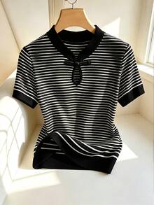 SHEIN Women's Elegant Classic Black And White Striped Knit Contrast Color Short Sleeve Small Stand Collar New Chinese Style Frog Button T-Shirt, Suitable For Dating, Daily Life, Gathering, Outdoor, Commute, Street And Home Occasions, Graduation Season, Fashion Casual Commute Wear, Business Office Wear, Daily Casual Wear, Urban Teacher Professional Wear. - Black - View 3