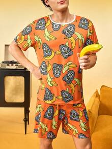 Notgurli Men's Orange Gorilla & Banana Print Milk Silk Crew Neck Short Sleeve 2 Pieces Set, Casual Daily Loungewear Outfit - Multicolor - View 7