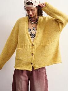 Bohemela Autumn//Vintage Deep V-Neck Double Pocket Knit Cardigan/ Casual /New Year/Country/Western/New Year/Beach Brunch/Rave/Music Festival Mustard Yellow - Pale Yellow - View 6