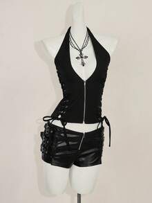 SHEIN ICON 女款夏季時尚交叉細肩帶露背掛脖上衣 - 黑色 - 查看 8