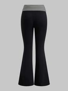 SHEIN Teen Girls Colorblock Folded Waist Flare Pants - Dark Grey - View 2