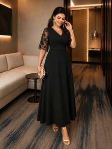 SHEIN Lady CURVE Plus Size Solid Color V-Neck Mesh Patchwork Elegant Dress Black Dress Formal Dress Elegant Dresses For Women Festival Outfits Summer - Black - View 4