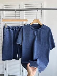 SHEIN Teen Boy Round Neck Short Sleeve Top And Denim Shorts Set - Dark Wash - View 4