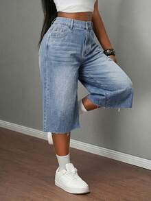 SHEIN Unity Women's Casual Streetwear Versatile Daily Travel School Everyday Denim Jeans With Pockets And Buttons Autumn Holiday Night Light Blue Weekend - Light Wash - View 7