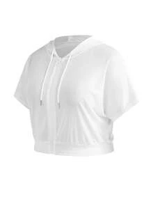 SHEIN Cheerettes 女款大尺碼休閒透視拉鍊連帽運動外套 白色網紗柔軟彈性面料 前拉鍊連帽透氣薄紗健身外套 - 白色 - 查看 5