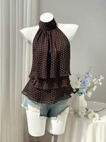 SHEIN EZwear 女款春夏秋棕色與藍色波點印花雪紡中領掛脖綁帶露背荷葉邊層次感上衣，優雅通勤辦公室復古休閒購物約會日常出遊百搭 - 棕色 - 查看 3