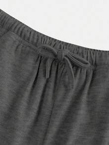 SHEIN Girlism 青少年女孩寬鬆休閒極簡百搭寬腿羅紋針織抽繩運動長褲 素色 - 深灰色 - 查看 6