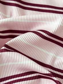 SHEIN 女童大童法式復古方領羅紋修身短袖T恤 - 粉色 - 查看 6