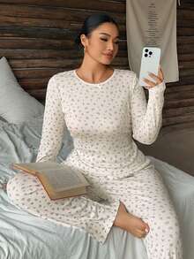 Dazy Plus 2pcs/Set Ditsy Floral Casual Slim Fit Long Sleeve Top & Pants Pajama Set, Spring/Autumn - White - View 2