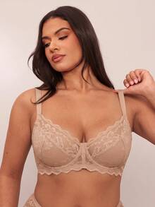 SHEIN BAE 1 件大码女士蕾丝拼布钢圈文胸，舒适，提升 - 棕色 - 查看 6