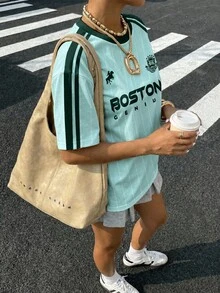 Muchica 休閒極簡圓領短袖寬鬆女款T恤，適合夏季，配對比領口與條紋袖口，馬匹印花增添復古、學院、經典、時尚、青春與街頭風格，面料光滑舒適，亦適合秋季 - 彩色 - 查看 6