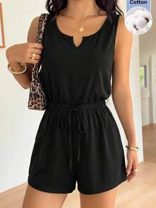 SHEIN EZwear 女款純色缺口V領腰部綁帶無袖連身褲 - 黑色 - 查看 7