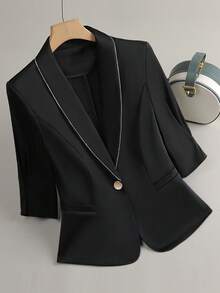 SHEIN Clasi Fall Women Women's Solid Color Peter Collar Rhinestone Chain Decor Metal Button 3/4 Sleeve Waist-Cinching Blazer, Commuter - Black - View 1