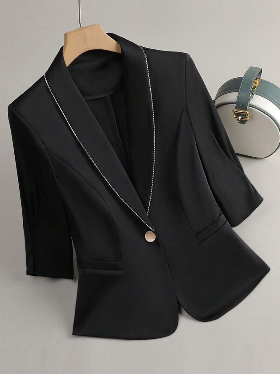 SHEIN Clasi Fall Women Women's Solid Color Peter Collar Rhinestone Chain Decor Metal Button 3/4 Sleeve Waist-Cinching Blazer, Commuter - Black - View 1