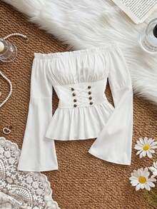 SHEIN MOD 女款白色復古秋季露肩抓皺束腰上衣，喇叭袖優雅浪漫荷葉邊上衣，適合派對、早午餐、約會之夜、度假，宮廷風 - 白色 - 查看 8