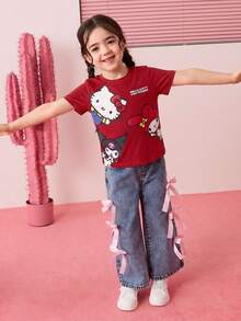 HELLO KITTY AND FRIENDS | SHEIN Young Girl Round Neck Letter Cartoon Print Casual Versatile Daily Short Sleeve T-Shirt - Red - View 5
