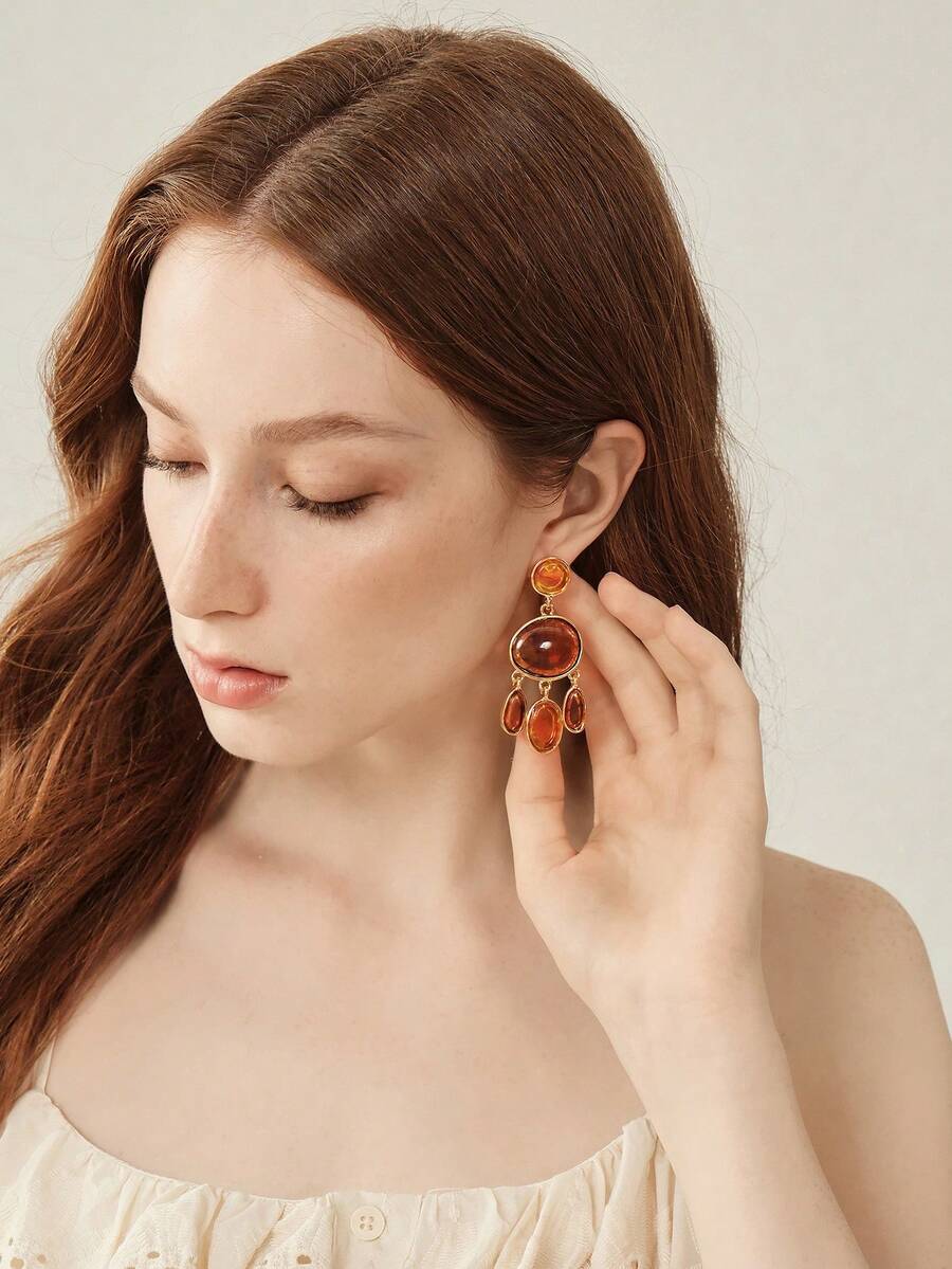 MOTF PREMIUM Retro Multi-Layer Gradient Tortoiseshell Amber Fringed Earrings, Multiple Oval Hemming Gold-Plated Long Banquet Earrings - Gold brown fringed earrings - View 1