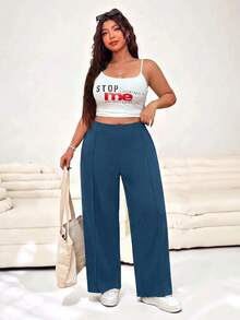 SHEIN EZwear 休閒復古綠色直筒大尺碼長褲 - Fresh Green - 查看 6