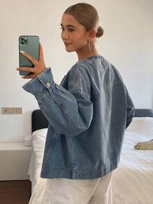DAZY 女款刺繡設計寬鬆牛仔夾克外套 秋季 - 中等水洗藍 - 查看 6