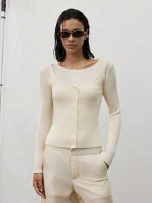 MERLEAU-F Damen Modern Lässig Französisch Elegant 2 In 1 Strick Creme Weiß Top Büro Herbst,Arbeitsoutfits für Frauen,Büro Lässig,Lehrer Arbeits Tops - Beige - Übersicht 4